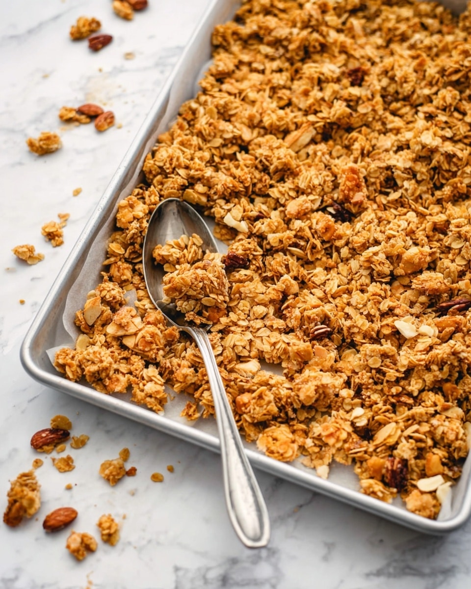 The image shows a silver baking tray filled with uneven clusters of golden-brown granola mixed with scattered nuts. The granola has a crunchy texture with a mix of small and large clumps, varying shades of light to dark brown, some pieces showing glossy hints. A silver spoon rests diagonally on top of the granola, partly submerged in the clusters. The tray is placed on a white marbled surface with a few pieces of granola and nuts scattered loosely around the tray edges. Photo taken with an iphone --ar 4:5 --v 7