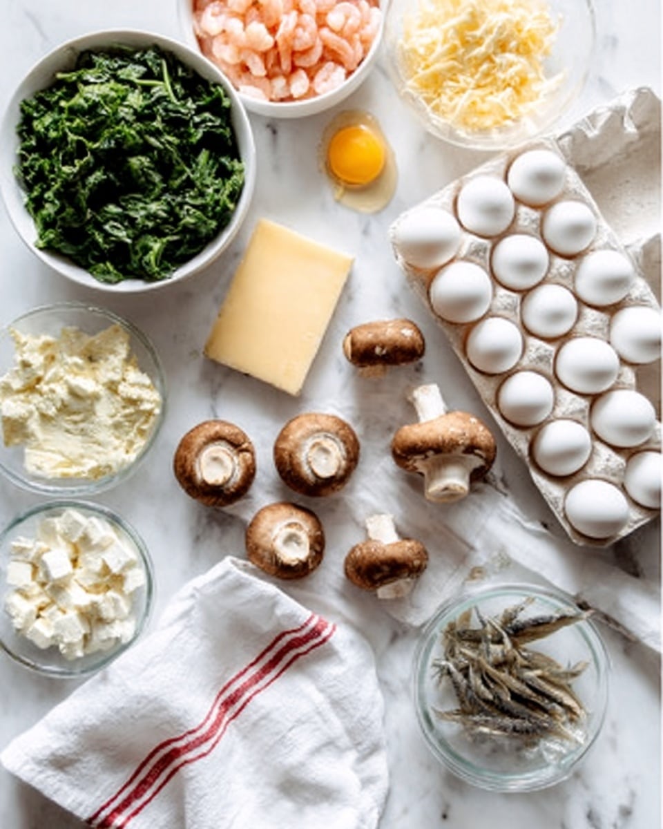 The image shows a white marble surface with cooking ingredients neatly arranged. There is a white bowl filled with green chopped spinach at the top left. Below it, chopped pink shrimp pieces sit next to a small block of yellow cheese. To the right, a carton holds white eggs, with two rows of eggs visible. Near the center, several whole brown mushrooms are placed on the marble, alongside a small glass bowl with anchovies. A white bowl of cubed white cheese is in the bottom left, and a white towel with red stripes lies in the middle. The scene is well lit and organized, showing fresh ingredients ready for cooking. photo taken with an iphone --ar 4:5 --v 7