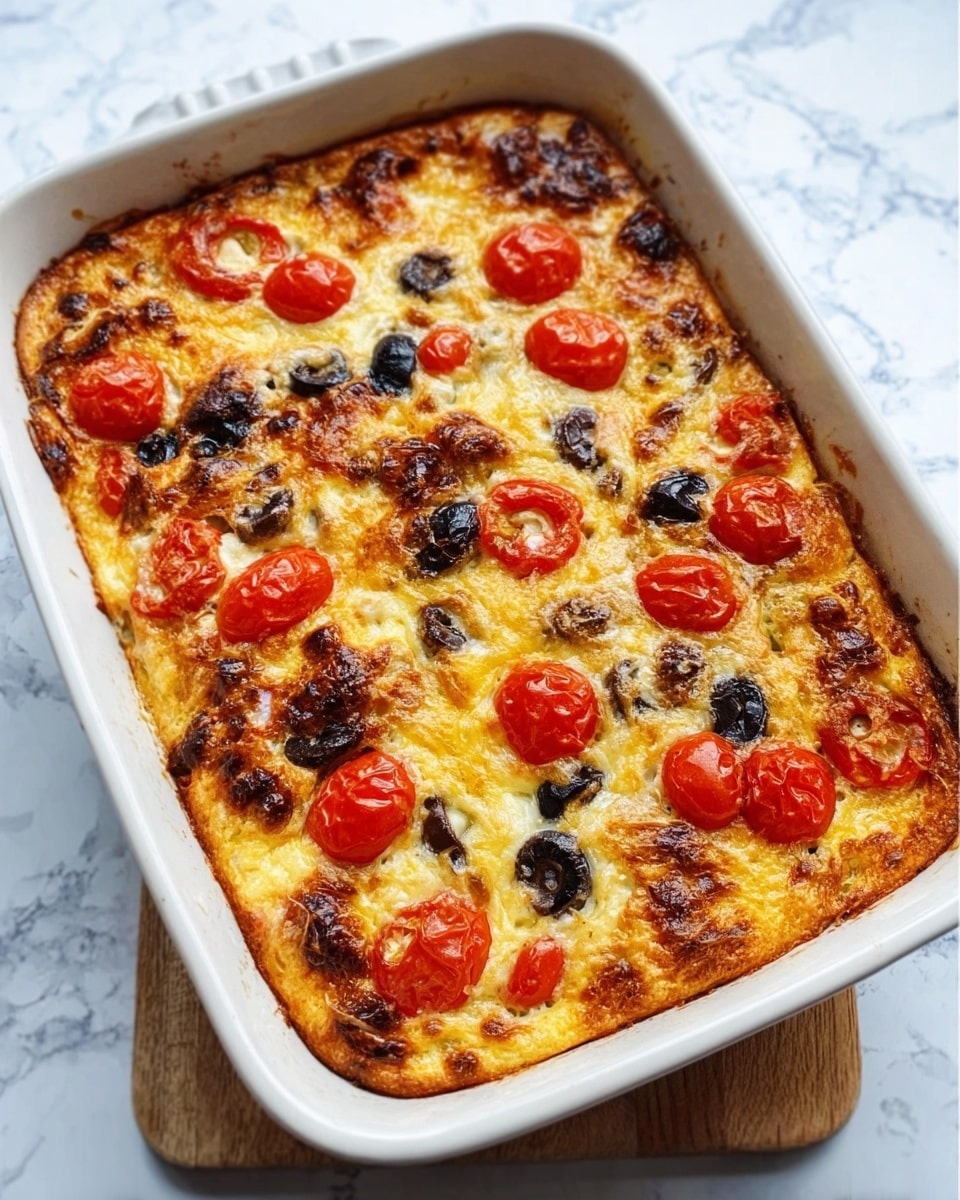 A white rectangular baking dish filled with a baked casserole. The top layer is golden brown with melted cheese, scattered with whole red cherry tomatoes and black olives. The cheese looks bubbly and slightly crispy around the edges. The casserole surface is uneven with crispy bits giving it texture. The dish sits on a white marbled surface. photo taken with an iphone --ar 4:5 --v 7