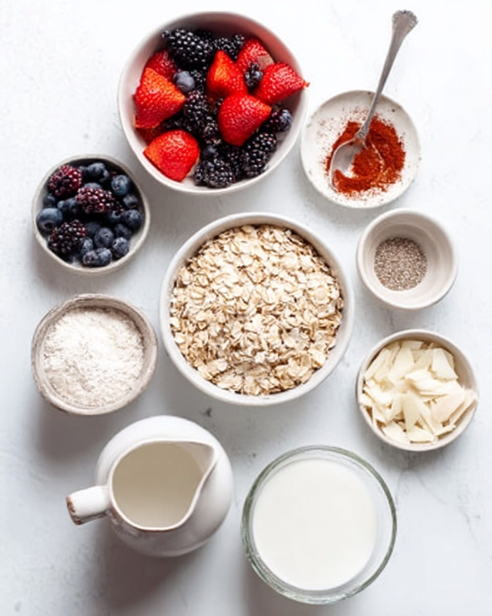 The image shows several white bowls on a white marbled surface, each holding different ingredients for a recipe. In the center is a bowl filled with light brown rolled oats. To the left, a bowl holds mixed fresh berries with red strawberries, blackberries, and blueberries. Below that is a white jug with milk or cream. To the right of the oats is a small bowl with powdered cinnamon, and above it is a small bowl with ground flaxseed. Next to these is a clear glass filled with milk. At the bottom right, a bowl contains white almond slices. A woman's hand is holding a silver spoon near the milk jug. Photo taken with an iphone --ar 4:5 --v 7