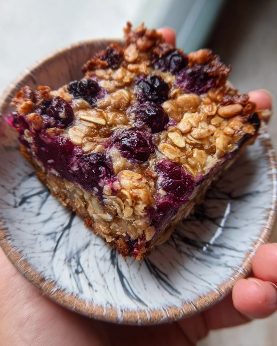 A close-up image of a single square piece of oat and berry bar held by a woman's hand above a round white plate with a marbled pattern. The bar has a thick layer composed of golden toasted oats mixed with whole berries that are deep purple and red in color. The texture appears crunchy on the top with juicy berry spots scattered throughout. The background shows a white marbled surface beneath the plate. Photo taken with an iphone --ar 4:5 --v 7