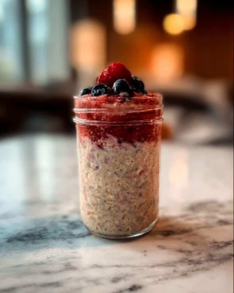 A clear glass jar filled with three visible layers of food sits on a white marbled surface. The bottom layer is light beige with a rough, grainy texture, likely oatmeal or porridge. The middle layer is a mix of beige and light brown, slightly thicker and denser, with small specks indicating fruit or seeds. The top layer is red and shiny, made of fresh berries including raspberries and blueberries, arranged neatly with a few whole berries on top. A woman's hand holds the jar on the left side. The background is softly blurred with warm indoor lighting. Photo taken with an iphone --ar 4:5 --v 7