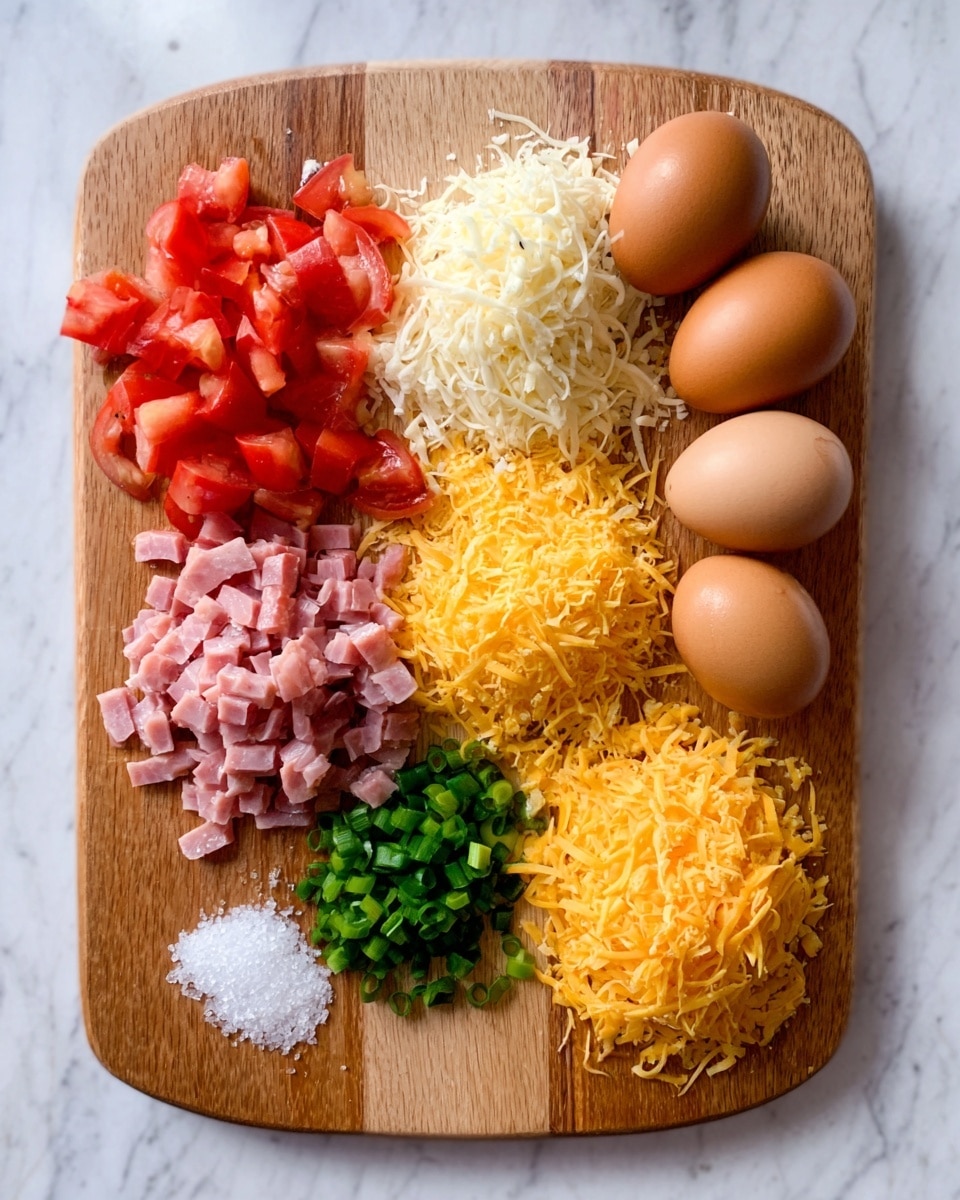 This image shows a wooden board on a white marbled surface. On the board, there are five brown eggs along the top right side. Below the eggs, there are three piles of shredded cheese: white, yellow-orange, and a small pile of green chopped scallions. On the left side of the board, there are chopped slices of red tomato and diced pink ham. At the bottom left corner, there is a small mound of coarse salt. A woman's hand is not visible in this image. photo taken with an iphone --ar 4:5 --v 7