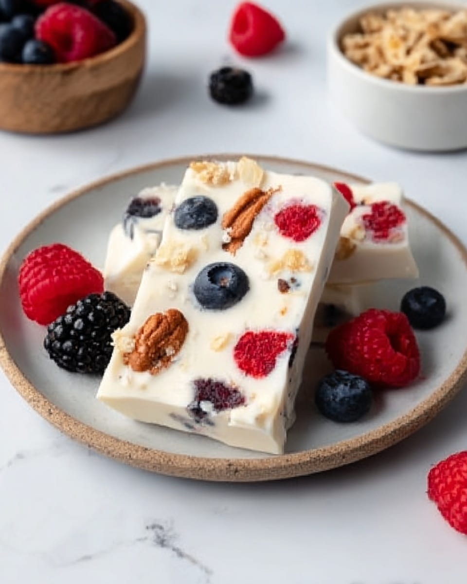 Two pieces of white frozen yogurt bark are placed on a white plate, each piece layered with mixed berries including red raspberries, blackberries, blueberries, and some pieces of granola. The yogurt has a smooth and creamy texture with the colorful berries adding contrast on the white surface. The plate sits on a white marbled background with a bowl of granola and some other food partly visible in the corners. The overall scene looks fresh and bright. photo taken with an iphone --ar 4:5 --v 7