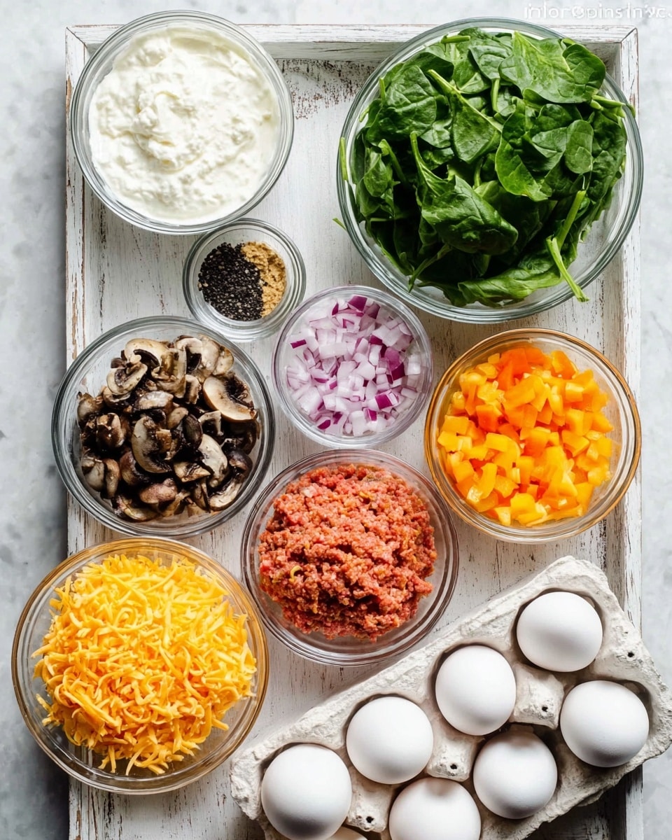 The image shows a white wooden tray on a white marbled surface, holding several clear glass bowls arranged neatly. In the top left bowl is a white creamy substance with a smooth texture. Nearby, a small bowl contains black pepper. Centered is a medium bowl filled with fresh green spinach leaves. To the right of that is a bowl with bright orange and yellow diced vegetables. Below the spinach is a bowl with shredded cheddar cheese in a soft orange color. Next to the cheese is a bowl with a reddish mixture that looks like raw ground meat mixed with spices. To the left of the cheese are some chopped mushrooms, dark brown with a slightly moist texture, and below those are finely chopped red onions, pale purple in color. At the bottom of the image lies a carton of fresh white eggs in rows, ready to be used. photo taken with an iphone --ar 4:5 --v 7