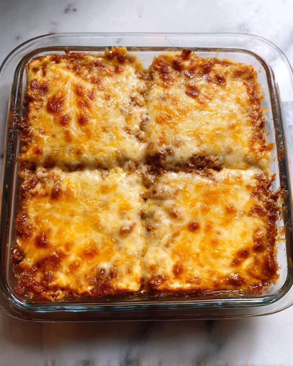 The image shows a glass baking dish filled with a layered cheesy casserole. The top layer is golden brown melted cheese with a slightly crispy texture in some spots. The casserole is divided into four square sections. The glass dish is placed on a white marbled surface, and the lighting highlights the shiny, bubbly cheese topping. Photo taken with an iphone --ar 4:5 --v 7