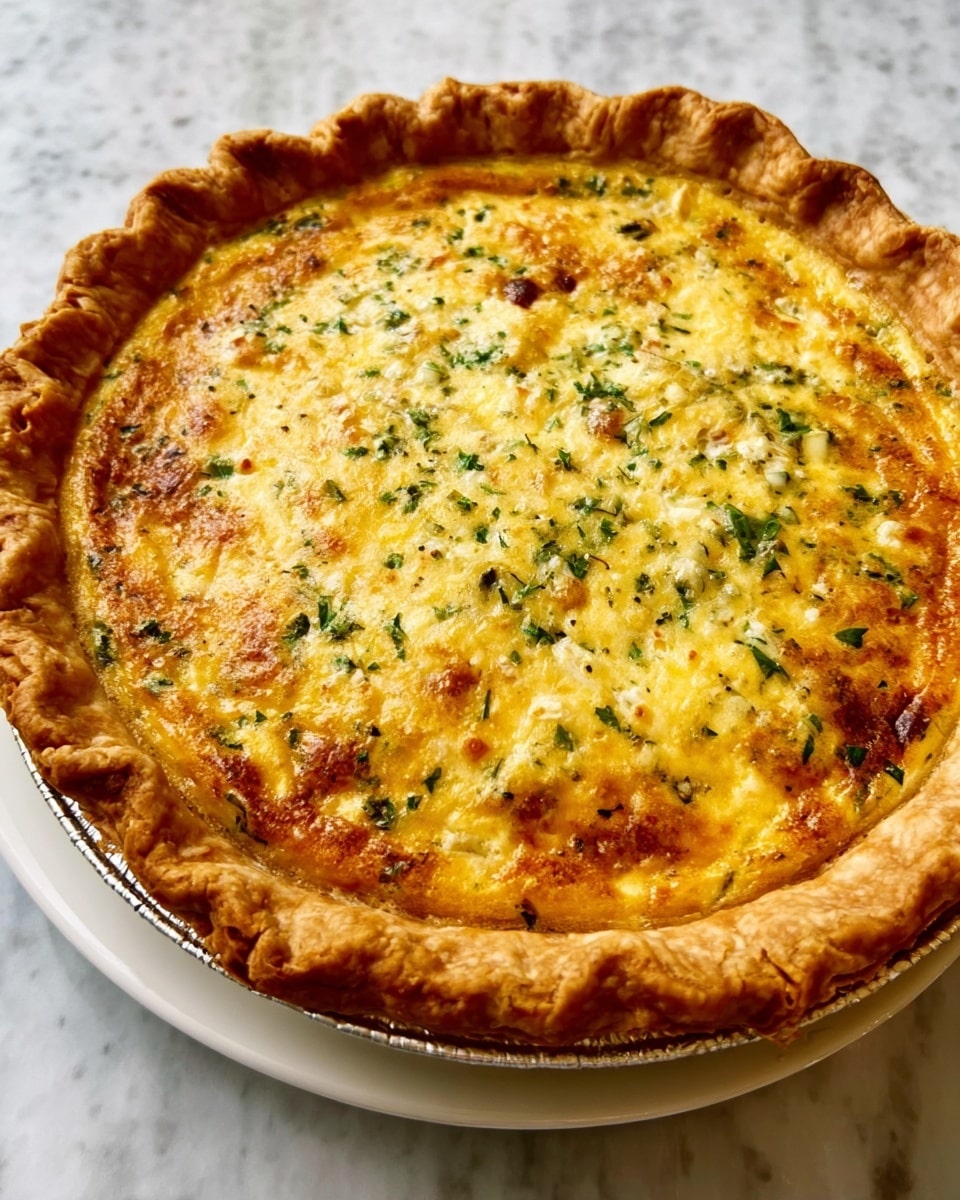 A golden brown quiche with a thick, flaky crust surrounding a creamy filling. The filling is light yellow with green herbs and pieces visible throughout, giving it a speckled look. The quiche sits on a white plate, placed on a white marbled surface. The crust edges are crimped and slightly puffed, with a crisp texture. The top is evenly baked with small browned spots showing. Photo taken with an iphone --ar 4:5 --v 7
