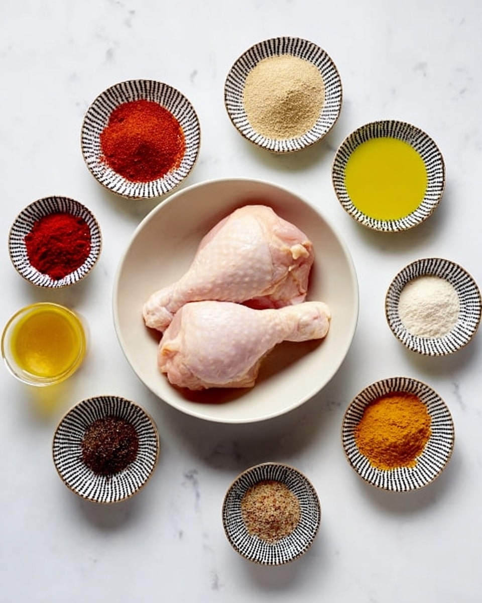 The image shows a white bowl in the center holding two raw chicken pieces with pale pink color and smooth texture. Around the bowl, nine small black and white patterned dishes are arranged in a circular shape on a white marbled surface. Each dish contains colorful spices: two dishes hold bright red powder, three contain beige and brown fine powders, one has a dark brown coarse spice, one has a bright orange powder, one dish has a yellow liquid, and one has a white powder. The spices show a variety of textures, from smooth powders to liquids, all neatly placed around the bowl. Photo taken with an iphone --ar 4:5 --v 7