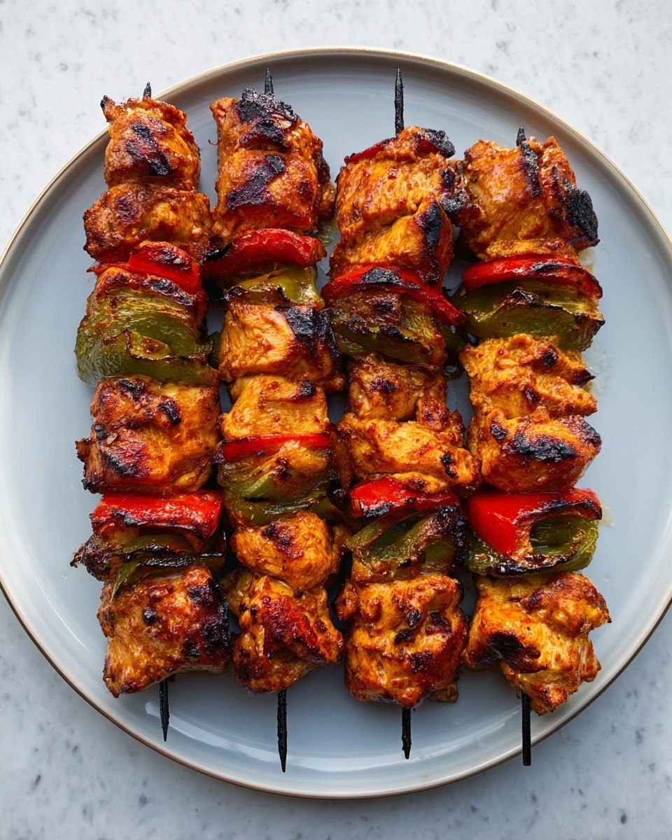 Four sticks of grilled chicken kebabs are placed side by side on a white plate. Each skewer has alternating layers of orange-brown cooked chicken pieces and slices of green and red bell peppers, with a slightly charred texture on the edges. The chicken looks juicy with a shiny, glazed surface, and the peppers appear soft with grill marks. The plate is set on a white marbled surface. photo taken with an iphone --ar 4:5 --v 7