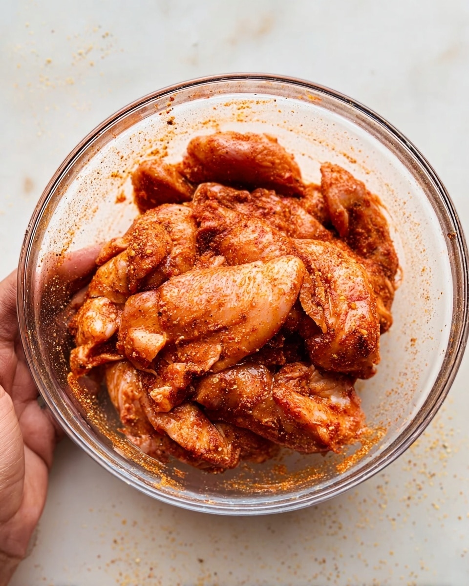 A clear glass bowl filled with several pieces of raw chicken coated in a reddish spice mix. The chicken pieces are layered loosely inside the bowl, showing a mix of smooth and textured surfaces with visible seasoning spread unevenly. The bowl sits on a white marbled surface with small spices scattered slightly around. A woman's hand is seen holding the bowl gently from the side. Photo taken with an iphone --ar 4:5 --v 7