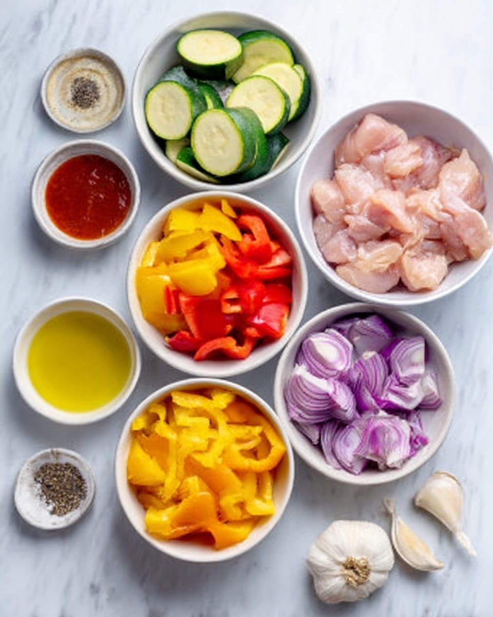 The image shows six white bowls arranged on a white marbled surface, each containing different ingredients. One bowl holds raw light pink chicken pieces. Another bowl has thick slices of green zucchini. A third bowl contains bright yellow, red, and orange chopped bell peppers. There is a small bowl with red sauce and another small bowl with light yellow oil. A bowl with sliced purple onions and several garlic cloves rest nearby. There is also a small plate with mixed black and white pepper and salt. A woman's hand is not seen touching anything. Photo taken with an iphone --ar 4:5 --v 7