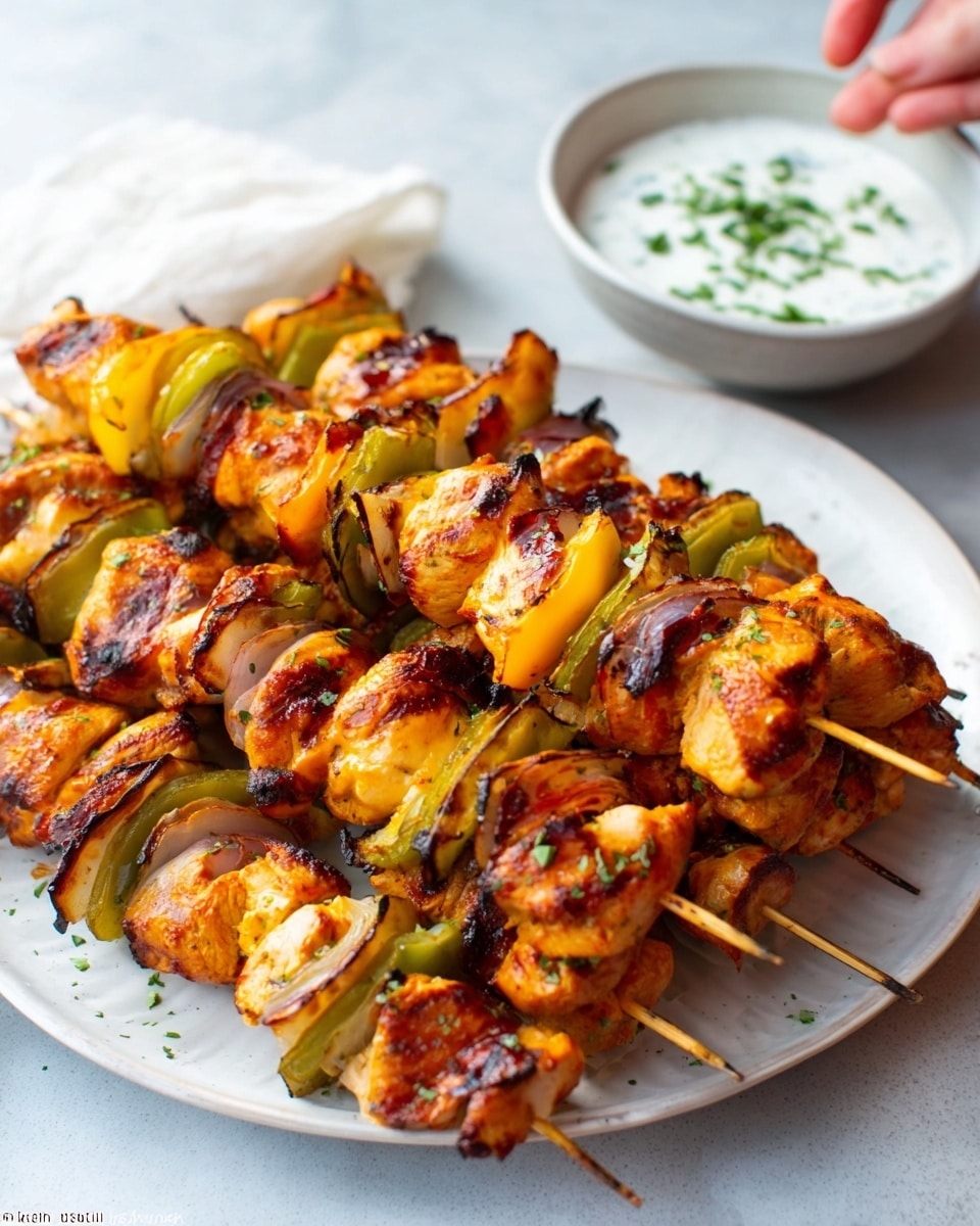 The image shows several grilled skewers placed on a white plate, each skewer filled with alternating pieces of cooked chicken, green bell pepper, and onion slices, all golden and slightly charred, giving a juicy, inviting look. The chicken pieces are a warm brown color with grill marks, while the green peppers show darker, soft spots from grilling. In the background, there is a small white bowl filled with a creamy white sauce garnished with a green herb. The surface beneath the plate is a white marbled texture, and a woman's hand is reaching toward the plate. photo taken with an iphone --ar 4:5 --v 7