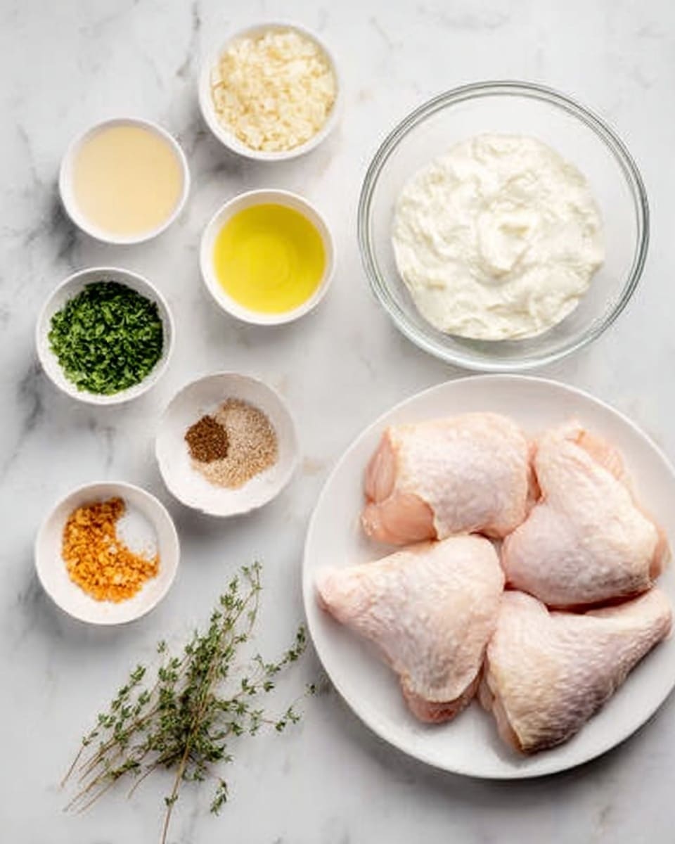 Four raw, pale pink chicken pieces lie on a white plate on the right side of the image. In the center is a clear glass bowl filled with white, creamy mixture with a smooth texture. Around it are six small white bowls and containers holding different ingredients: finely chopped green herbs, a yellow liquid, a pale beige liquid, a pale yellow liquid, a mix of dried orange crumbs, and two small piles of spices – one light brown and the other dark brown. A small bunch of fresh green thyme is placed near the bowls on the white marbled surface. photo taken with an iphone --ar 4:5 --v 7