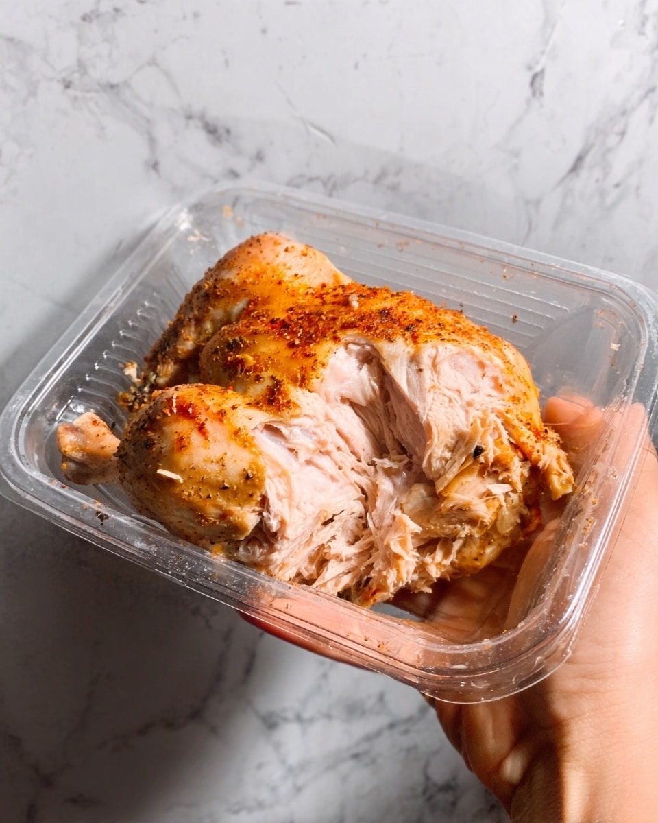 A woman's hand holds a clear plastic container with a piece of cooked chicken inside. The chicken is golden brown on the outside with a slightly crispy texture, showing some seasoning on the skin. The inside of the chicken is light pinkish with juicy, tender meat and visible layers of white and light brown. The background is a white marbled texture. Photo taken with an iphone --ar 4:5 --v 7