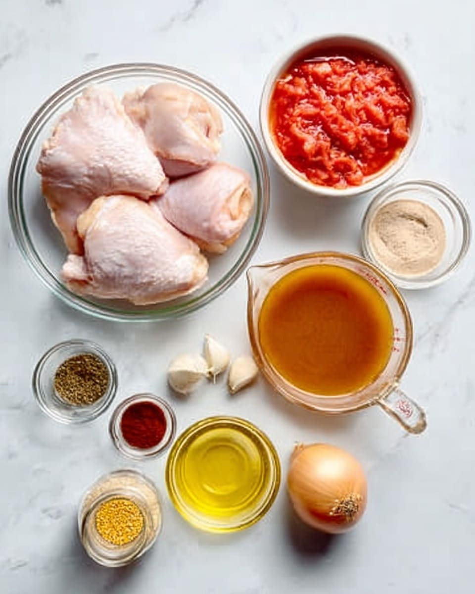 The image shows a white marble surface with several clear glass bowls and jars containing ingredients. In the center, there is a large clear glass bowl with four raw chicken thighs, pale pink in color. Above it, there is a medium white bowl filled with bright red crushed tomatoes. To the right, a glass measuring cup holds golden brown broth. Around these are smaller bowls and jars: one with a beige powder, another with dark red sauce, a third with golden seeds, a small bowl of yellow olive oil, and a spice jar with reddish-brown powder. A small whole yellow onion and two cloves of garlic rest on the surface. The setup looks neat and arranged for cooking. Photo taken with an iphone --ar 4:5 --v 7