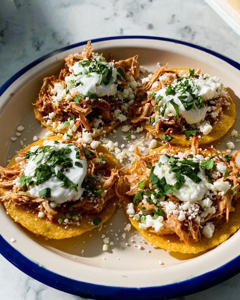 The image shows five small yellow corn tostadas on a white plate with a blue rim, placed on a white marbled surface. Each tostada is topped with a layer of shredded cooked chicken, a layer of crumbled white cheese, a dollop of white sour cream, and a sprinkle of chopped green herbs. The textures include the crispy tostadas at the base, soft shredded chicken, crumbly cheese, smooth sour cream, and fresh herbs, all arranged neatly. Photo taken with an iphone --ar 4:5 --v 7