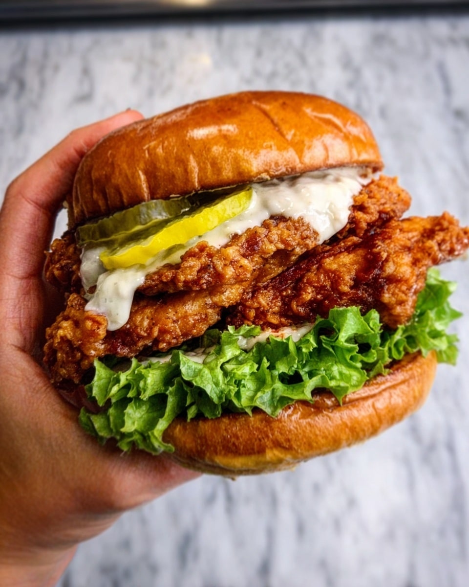 The image shows a sandwich held by a woman's hand with a soft shiny bun on top and bottom. Inside, there are two layers of crispy fried chicken pieces with a crunchy texture, layered with white sauce spread unevenly. Between the chicken layers, there is a slice of yellow pickle visible. Below the chicken, there's fresh green lettuce with ruffled edges resting on the bottom bun. The background is a white marbled surface. Photo taken with an iphone --ar 4:5 --v 7