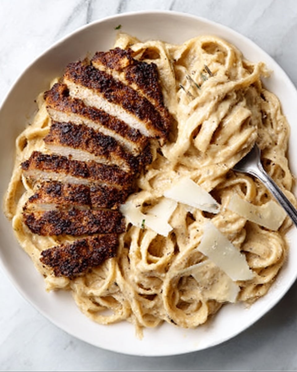 A white plate holds a serving of creamy fettuccine pasta on the right side, covered in a smooth, light beige sauce with a soft texture, while the left side features five thick slices of dark brown, seasoned chicken with a slightly rough, crispy crust. A few small, thin white shavings of cheese lay scattered on top of the chicken and some pasta strands wrap around a silver fork stuck into the noodles. The plate sits on a white marbled surface. Photo taken with an iphone --ar 4:5 --v 7