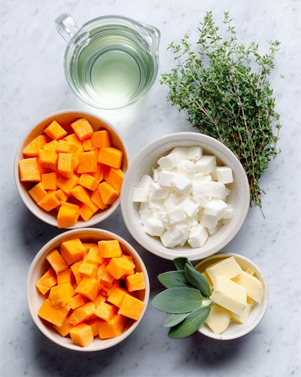 The image shows several small white dishes and measuring spoons arranged neatly on a white marbled surface. There is one large glass bowl filled with a yellow liquid, with a small white dish holding a pat of butter beside it. A white bowl contains bright orange mashed or pureed sweet potatoes. A small white cup holds white flour, and a tiny white dish contains a few minced pieces of garlic. A small white plate holds ground cinnamon, and three measuring spoons display ground pepper, salt, and another spice. A small mound of finely chopped red onion rests on the marble surface. photo taken with an iphone --ar 4:5 --v 7