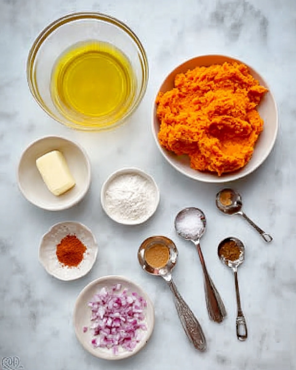 The image shows six small white bowls on a white marbled surface, each filled with different ingredients. One bowl is filled with bright orange cubed pieces, another with small white cubes, a third holds small yellow chunks, and a fourth contains a small pat of butter and green herbs. There is also a small white bowl with fresh thyme and sage leaves next to it, and a glass container with a clear light liquid. The bowls are placed in a cluster, creating a neat arrangement. photo taken with an iphone --ar 4:5 --v 7