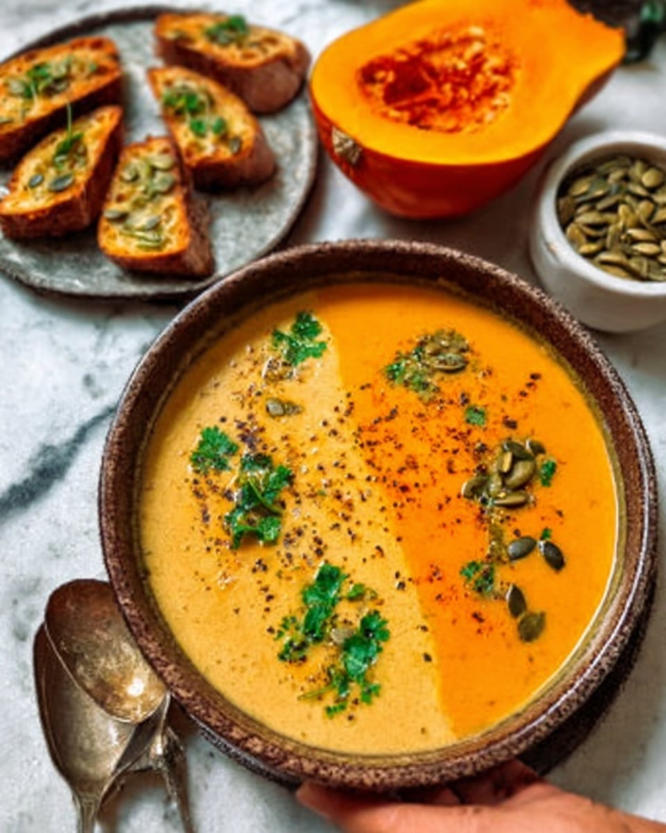 The image shows two white bowls filled with a thick, smooth yellow soup. Each bowl has a swirl of white cream on top, along with sprinkle of red spices and small bits of crispy brown topping. There are a few green leaves placed on the side of each bowl. The bowls are placed on a white marbled surface with a spoon and a woman's hand nearby. The lighting highlights the rich color and texture of the soup, making it look warm and inviting. photo taken with an iphone --ar 4:5 --v 7