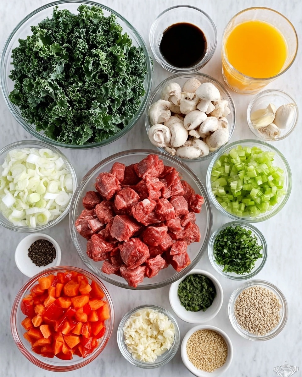 The image shows a white marbled surface with several clear glass bowls arranged neatly. In the top left is a bowl filled with fresh green kale, next to it on the right is a bowl containing chopped white mushrooms. Below the mushrooms on the right is a small bowl holding chopped green celery. Toward the center is a larger bowl with raw red meat cubes, and in the bottom left there is a bowl with chopped white onions. A glass bowl with bright red diced tomatoes sits near the bottom center. Small bowls spread around contain sliced orange carrots, green chopped herbs, and beige sesame seeds. There are also tiny white bowls holding soy sauce, minced garlic, and black peppercorns. A glass of orange juice is placed in the top right corner. photo taken with an iphone --ar 4:5 --v 7