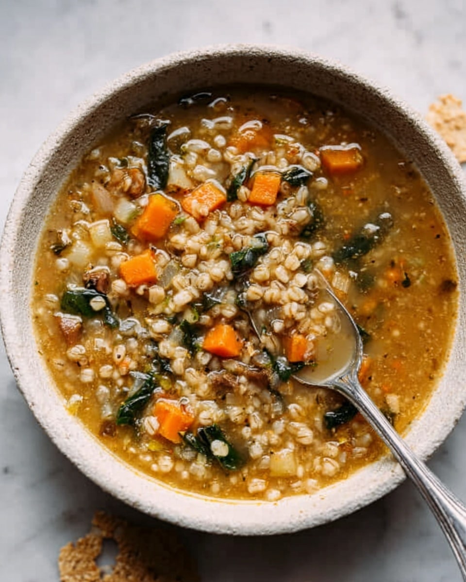 The image shows a white bowl filled with a thick soup. The soup has three main layers: the base is light brown with a smooth texture, the middle layer has small, round barley grains in beige, and the top layer contains small, soft chunks of orange carrots and pieces of dark leafy greens scattered evenly. A silver spoon rests inside the bowl, positioned on the right side, slightly dipping into the soup. The bowl is placed on a white marbled surface with some small bits of crackers around it. The lighting is soft and natural, highlighting the warm colors of the soup. photo taken with an iphone --ar 4:5 --v 7
