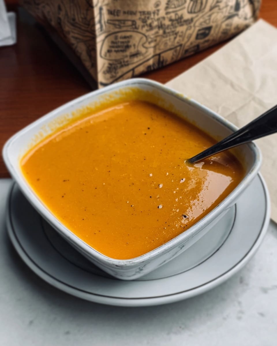 The image shows a blue bowl filled with thick orange soup, topped with a drizzle of white cream and small green herbs scattered on the surface. Behind the bowl, there is a white plate holding several pieces of crispy, golden-brown fried food placed on a wooden table. The soup has a smooth texture with visible small chunks and a swirl of cream creating a gentle contrast on top. photo taken with an iphone --ar 4:5 --v 7