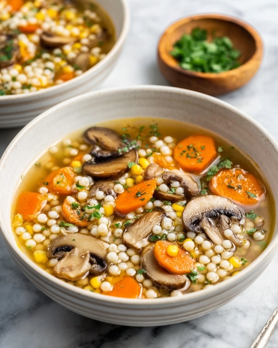 A large white bowl filled with a clear broth soup showing three layers: the bottom layer contains small white pasta pearls, the middle layer has bright orange carrot slices and yellow corn pieces, and the top layer features thinly sliced brown mushrooms and small green herbs scattered throughout. Parts of another white bowl with soup and a wooden bowl with fresh chopped green herbs are visible in the blurred white marbled background. photo taken with an iphone --ar 4:5 --v 7