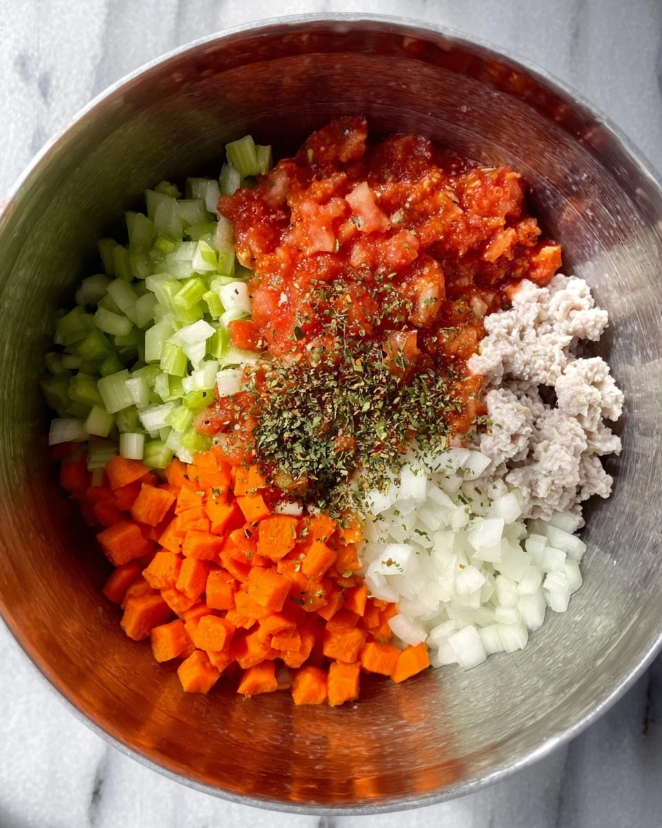Inside a metal bowl on a white marbled surface, there are six separate layers of ingredients arranged side by side. Starting from the top left, there are chopped green celery pieces, next to a pile of red diced tomatoes with herbs sprinkled on them. To the right, there are small cubes of bright orange carrots. Below the carrots, finely chopped white onions fill one section. Next to the onions, there is a portion of minced white meat. The bowl has a shiny, smooth texture inside. Photo taken with an iphone --ar 4:5 --v 7