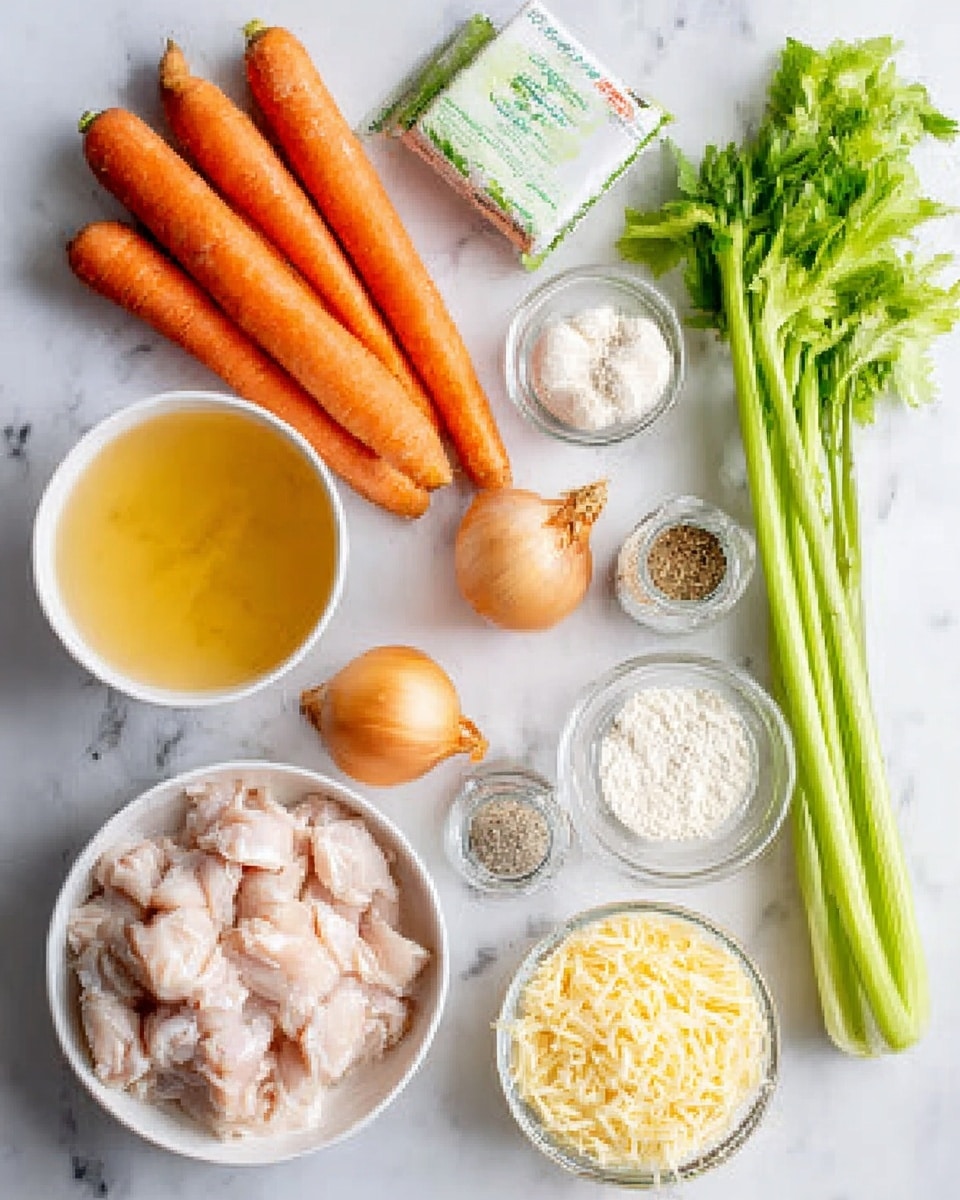 The image shows ingredients neatly arranged on a white marbled surface. There is a large ring of three whole carrots with a smooth orange texture, placed next to a long green celery stalk with leaves at the top. A white bowl holds raw, pale chicken pieces with a smooth texture. Another white bowl contains shredded yellow cheese with a slightly rough texture. A small glass bowl is filled with a light yellow broth, and beside it lies a white bowl of white flour. A small glass jar of ground spices, a salt shaker, a pepper container, a garlic bulb, and a whole onion with light brown skin are also placed around. The items are organized neatly in a loose grid. Photo taken with an iphone --ar 4:5 --v 7
