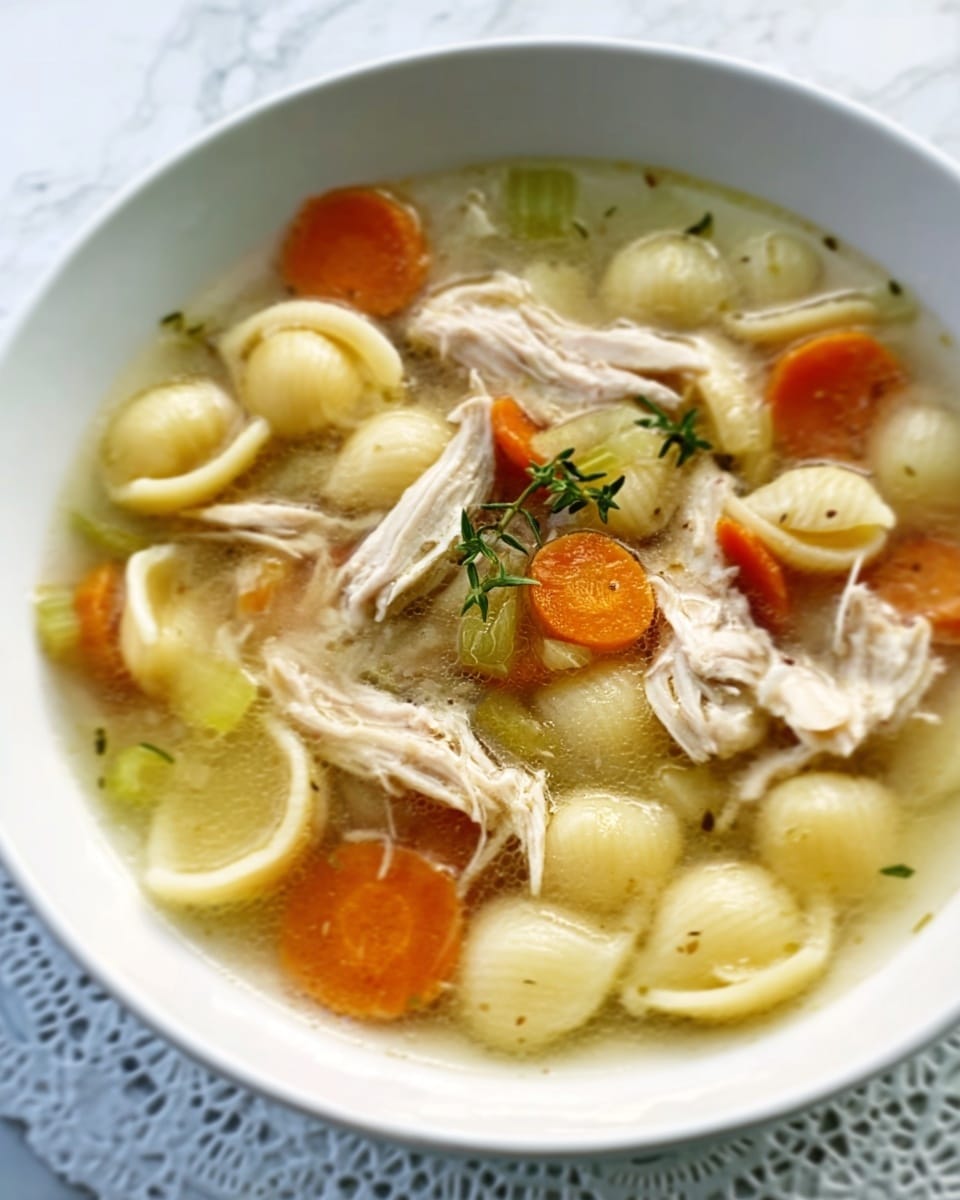 A white bowl filled with clear chicken soup containing pieces of shredded chicken, shell pasta, and slices of carrot. The soup also has small bits of celery and is garnished with a small sprig of thyme on top. The bowl sits on a white marbled surface with a lace-like design visible under part of the bowl. photo taken with an iphone --ar 4:5 --v 7