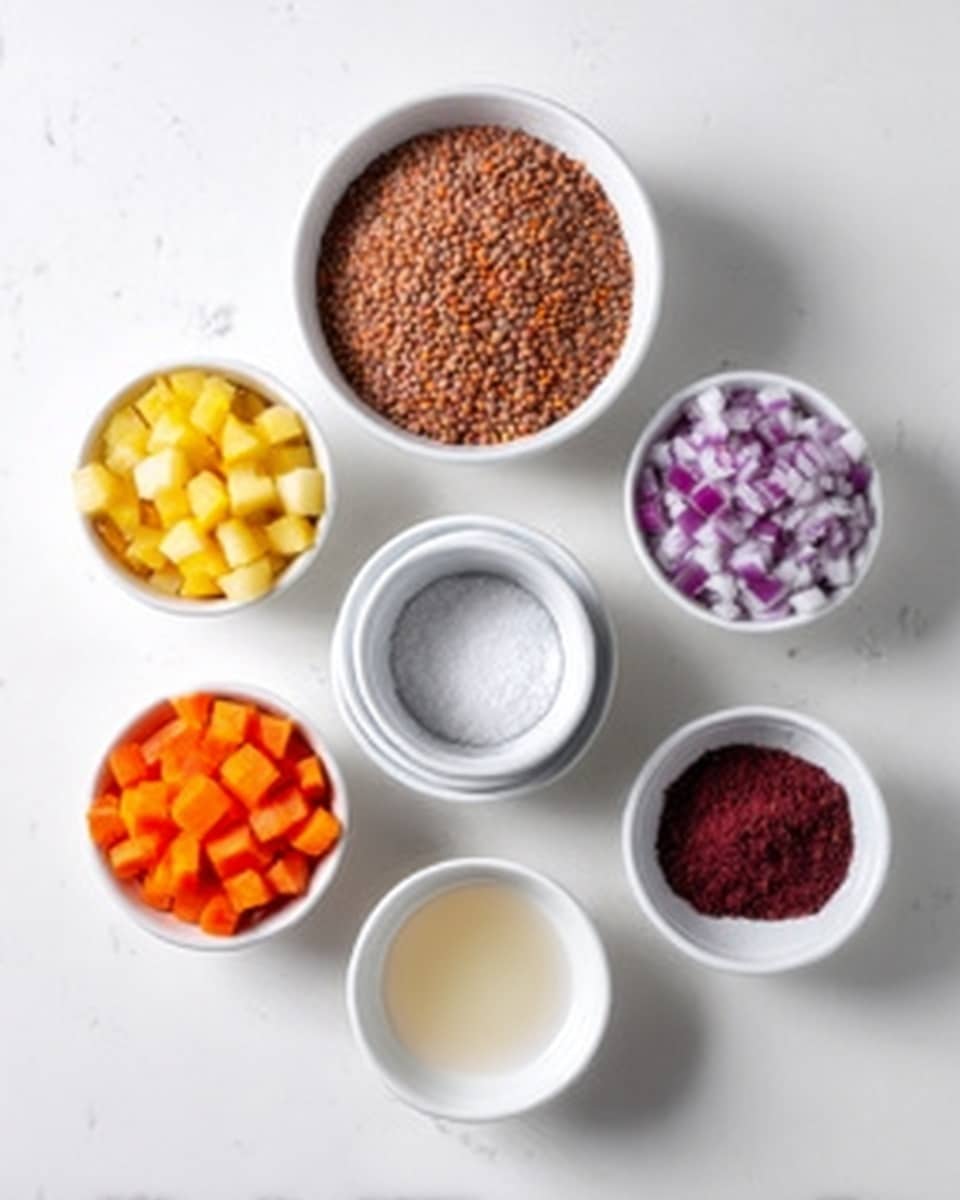 The image shows seven small white bowls arranged on a white marbled surface in a loose circular layout. The top center bowl is filled with brown lentils, with a grainy texture. To the right of it, a bowl holds finely chopped purple onions, slightly translucent. Below that, a small bowl contains a clear, pale liquid with a smooth surface. Further below, two stacked white bowls are partly filled, one with a mound of white salt and the other with a small pile of dark red powder. To the left side of the central lentil bowl, three bowls contain bright orange diced carrots, pale yellow diced potatoes, and deep red powder respectively, each showing distinct crisp or powdered textures. The setup is clean, organized, and brightly lit. Photo taken with an iphone --ar 4:5 --v 7