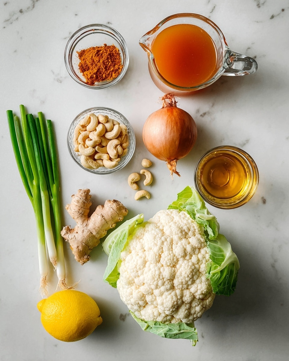 The image shows fresh ingredients arranged on a white marbled surface. In the bottom center is a whole cauliflower with light green leaves. To the right of it is a small glass cup with a golden liquid, and above that is a whole brown onion. Next to the onion is a clear glass jug filled with orange broth. To the left of the cauliflower are a bulb of garlic and a piece of fresh ginger with a rough texture. Above the garlic and ginger is a small metal cup with orange powder. Above that is a small clear glass bowl filled with golden roasted cashew nuts. In the top left corner are five green onions with long green stalks and white bases. In the center of the image is a bright yellow lemon. The photo taken with an iphone --ar 4:5 --v 7