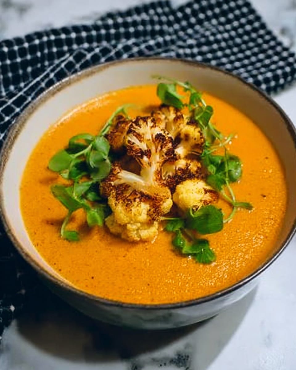 The dish is served in a white bowl filled with smooth orange soup. On top, there are pieces of roasted cauliflower with a slightly brown and crispy texture, placed in the center. Fresh green leaves are scattered around the cauliflower, adding a bright color contrast. The bowl is set on a white marbled surface with a black and white checkered cloth in the background. photo taken with an iphone --ar 4:5 --v 7