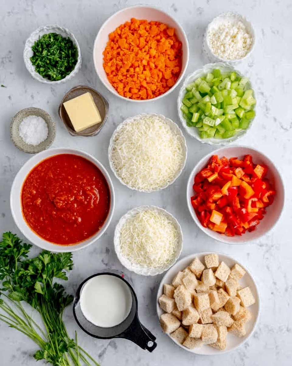 The image shows a collection of small white bowls and one white plate, all arranged on a white marbled surface. Each bowl contains different ingredients: bright red tomato sauce with a smooth texture, finely chopped orange carrots, small green celery pieces, white rice, vibrant red diced roasted peppers, fresh chopped green herbs, small beige croutons on the white plate, a small white bowl of white granulated salt, another small bowl holding a soft square of pale yellow butter, and a black measuring cup filled with fresh white cream. The ingredients are neatly placed in a semi-organized manner with fresh parsley sprigs scattered near the bottom left. photo taken with an iphone --ar 4:5 --v 7