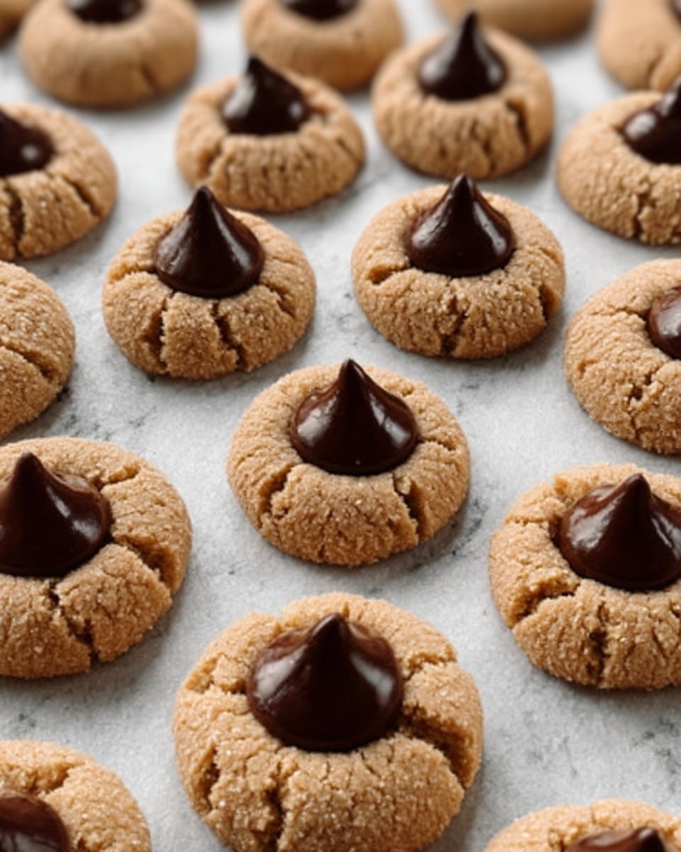The image shows many round cookies arranged closely on white parchment paper set over a white marbled surface. Each cookie has a cracked, light brown exterior with a slightly rough texture. In the center of each cookie, there is a dark chocolate dollop, smooth and shiny, shaped like a small peak. The cookies are evenly spaced in rows but fill most of the visible area, showing their uniform size and shape. Photo taken with an iphone --ar 4:5 --v 7