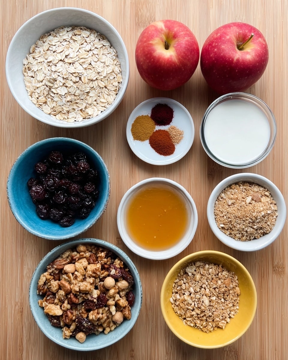 The image shows a wooden table with eight bowls and two apples arranged neatly. There is one large white bowl filled with light beige rolled oats at the top left. To the right, there is a small white bowl with several powdered spices in dark red, light tan, and brown colors placed next to two red apples in the center. A small white bowl containing white milk is to the right of the apples. Below, a white bowl filled with light brown granola sits at the far right. A yellow bowl holding dark, dried cherries is in the bottom left corner, alongside a blue bowl full of chopped nuts on the left. Near the center, a stream of golden honey fills a small, round brown bowl. The surface underneath everything is a white marbled texture photo taken with an iphone --ar 4:5 --v 7