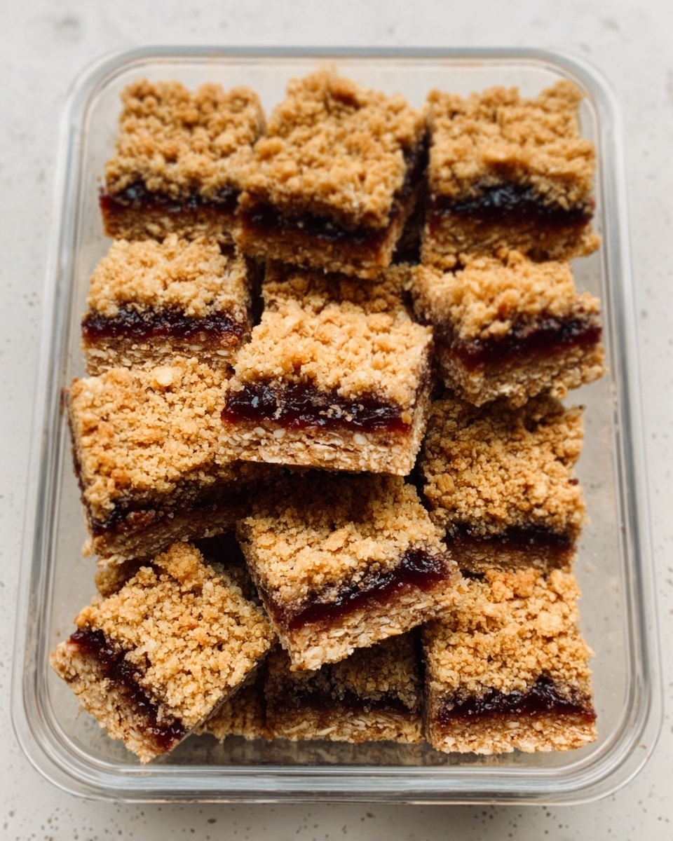 The image shows a clear rectangular container filled with square oat bars. Each bar has three visible layers: a thick bottom layer of a light tan oat crumb, a middle layer of dark jam or fruit filling, and a top layer that matches the bottom with a coarse oat crumb texture. The bars are neatly packed inside the container, creating a grid-like pattern. The surface under the container is a white marbled texture. photo taken with an iphone --ar 4:5 --v 7