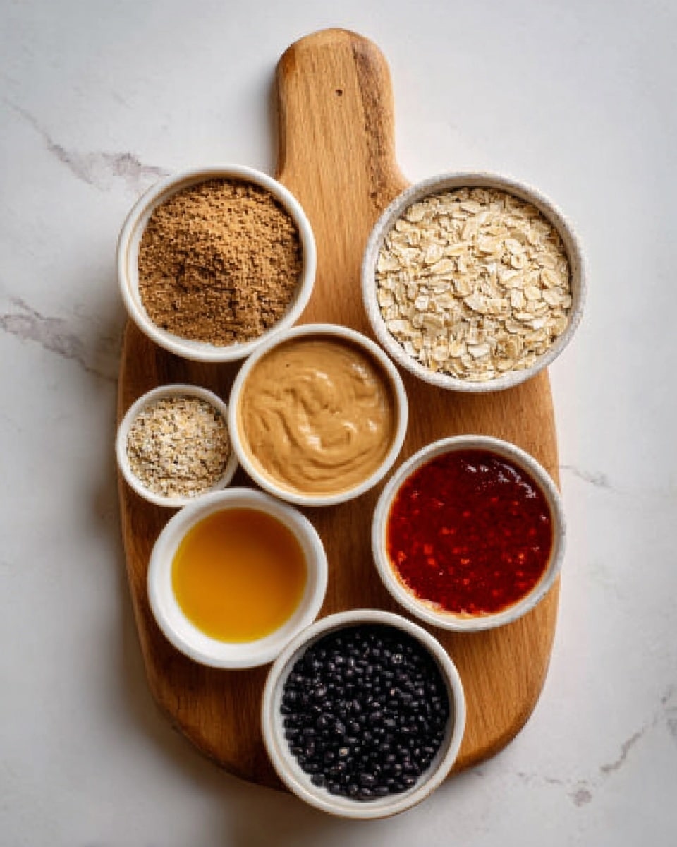 The image shows a wooden board placed on a white marbled surface, holding seven small white bowls filled with different ingredients. On the top left, a bowl contains a coarse brown powder; next to it on the right, there is a bowl filled with dry light beige rolled oats. Below them, a bowl with a smooth light brown creamy substance is placed beside a small bowl with golden liquid. To the right of these bowls, there is a bowl with bright red sauce and another bowl filled with small smooth black beans. At the bottom of the board, there is a larger bowl also filled with rolled oats. The arrangement of the bowls forms a slightly curved line from top left to bottom right. photo taken with an iphone --ar 4:5 --v 7