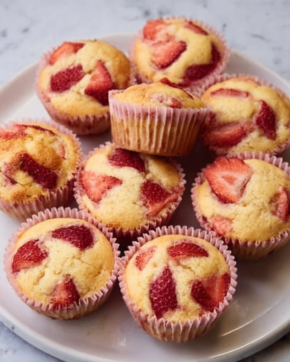 The image shows a white round tray filled with 11 small muffins, each baked in light pink paper cups. The muffins are golden brown with pieces of fresh red strawberries scattered on top, slightly embedded in the batter. The surface they rest on is a white marbled texture. The muffins are arranged closely together, showing a soft and fluffy texture with a slightly uneven top. Photo taken with an iphone --ar 4:5 --v 7
