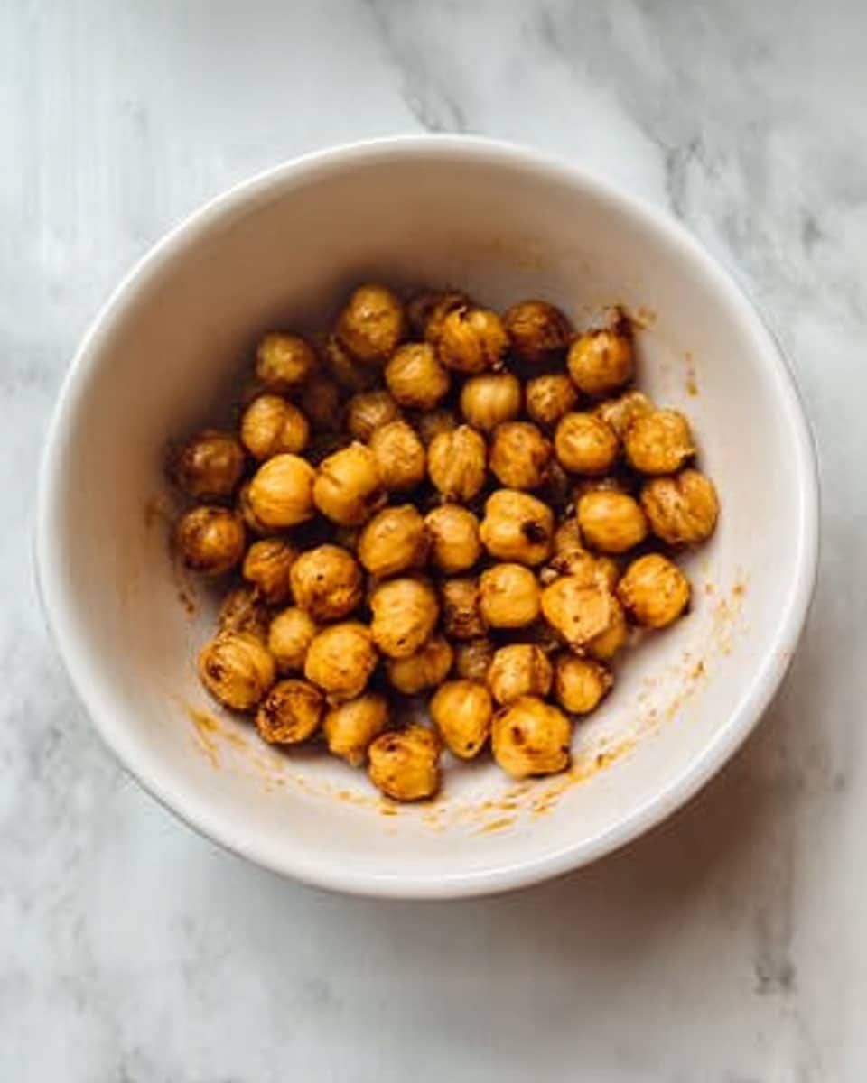 The image shows a white bowl with a single layer of round, roasted chickpeas inside. The chickpeas are golden brown with a slightly rough texture, and a few have darker spots, indicating they are roasted. The bowl is placed on a white marbled surface. photo taken with an iphone --ar 4:5 --v 7