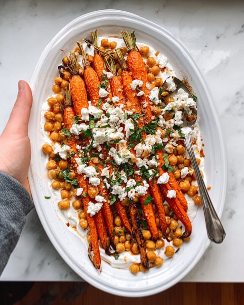 The dish shows a white oval plate with three layers: the first layer is a smooth spread of white creamy sauce covering the bottom; on top, there are bright orange roasted carrot sticks, arranged in a slightly uneven line across the plate; the third layer is golden brown roasted chickpeas scattered all over the carrots and sauce, sprinkled with small white crumbly cheese pieces and fresh green chopped herbs. The plate sits on a white marbled surface with some green leaves and a glass of water partly visible in the background. Photo taken with an iphone --ar 4:5 --v 7