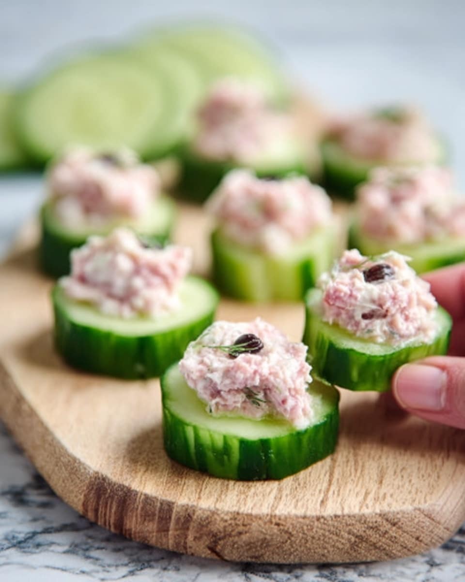 The image shows small cucumber rounds arranged on a wooden board with a white marbled texture underneath. Each cucumber slice is thick and has bright green skin with light green inside. On top of each slice there is a creamy pink mixture with small dark pieces mixed in, looking soft and uneven in texture. A woman's hand is holding one of the cucumber bites from the right side. In the background, more cucumber slices are blurred out. Photo taken with an iphone --ar 4:5 --v 7