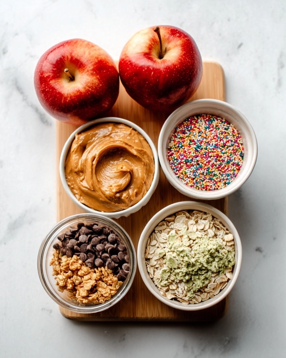 The image shows two bright red apples placed on a white marbled surface next to a wooden board. On the board, there are five white bowls arranged closely. One bowl is filled with light brown peanut butter with a smooth texture, another holds colorful sprinkles, a third contains crunchy granola, a fourth has small dark chocolate chips, and the last bowl is filled with light green rolled oats. A woman's hand is holding the wooden board slightly from the left side. photo taken with an iphone --ar 4:5 --v 7