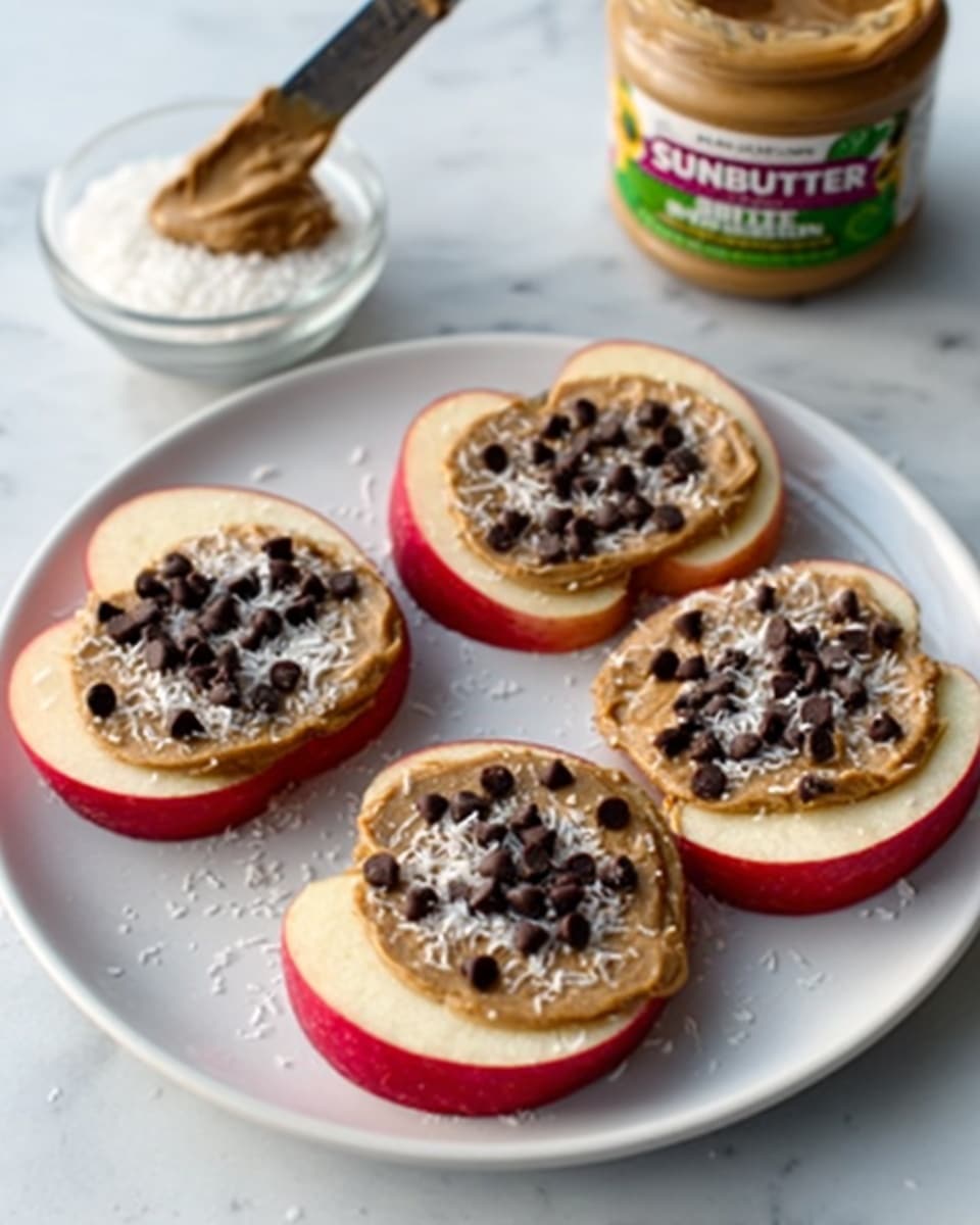 The image shows four thin, round slices of red apple placed in a neat, tight group on a white plate with a white marbled surface underneath. Each apple slice is topped with a smooth, light brown layer of peanut butter that covers almost the entire slice, leaving only a small red edge visible. On top of the peanut butter, there is a sprinkling of small, dark brown chocolate chips and a few fine white coconut flakes scattered unevenly. A woman's hand is holding a knife spreading peanut butter on an apple slice in the background. A jar of SunButter organic sunflower seed butter and a clear cup of white coconut flakes sit nearby, both against the white marbled surface. The photo taken with an iphone --ar 4:5 --v 7