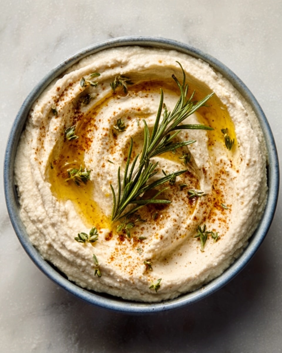 This image shows a white bowl filled with creamy hummus that has a smooth texture with visible swirls on the surface. There are golden oil pools settled in some swirled dips, giving a shiny look. On top, there are small sprigs of fresh green rosemary and a light dusting of light brown spice, adding color contrast. The bowl is placed on a white marbled surface, and the lighting highlights the creamy texture and fresh herbs clearly. photo taken with an iphone --ar 4:5 --v 7