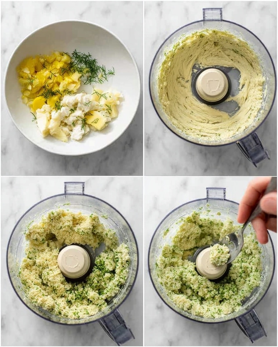 The image shows a white bowl on a white marbled surface with several steps of making a mixture. In the first step, there are visible chunks of yellow and white ingredients and some green herbs on top. The second and third steps show the ingredients getting chopped into small pieces inside a food processor, turning into a light green, coarse texture. In the last step, the mixture inside the processor looks smooth and creamy, with a pale green color. A woman's hand holding a spoon is stirring the mixture in the third step. Photo taken with an iphone --ar 4:5 --v 7