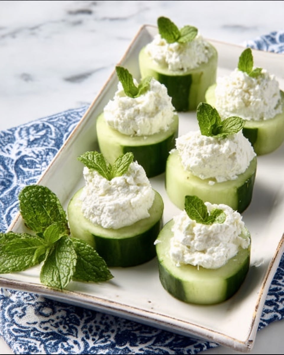 The image shows nine cucumber slices arranged in three rows on a white rectangular plate. Each cucumber slice is thick and has a dark green edge with pale green inside. On top of each slice, there is a dollop of creamy white spread with a smooth texture. Each spread is decorated with tiny red bits that look like small pieces of red pepper or tomato. The background is a white marbled surface, with a soft cream-colored cloth and a red-and-white checkered cloth visible around the plate. photo taken with an iphone --ar 4:5 --v 7