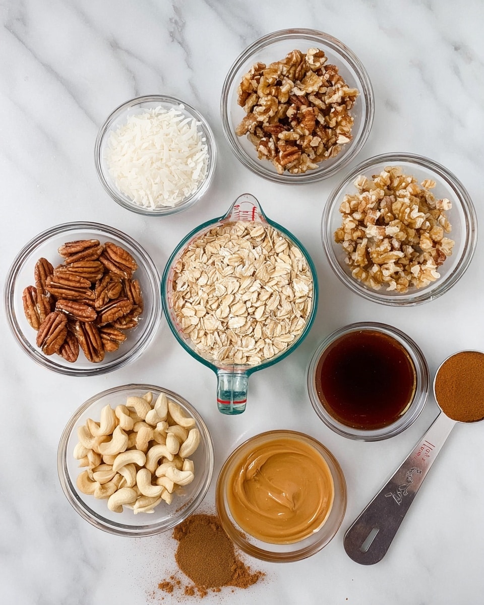 The image shows nine small clear glass bowls arranged on a white marbled surface, each holding different ingredients for a recipe. At the center is a glass measuring cup filled with light beige rolled oats. Above it are bowls with walnut halves in a light brown color, shredded white coconut, and a neat pile of mixed pecans and walnuts. Below the oats are sliced almonds with light beige and brown edges, creamy tan peanut butter in a bowl, and whole cashew nuts in a pale beige color. To the right, a small bowl holds dark amber maple syrup, and next to it is a bowl with dark brown vanilla extract or similar liquid. Two measuring spoons with brown cinnamon powder rest near the bowls. The photo is taken with an iphone --ar 4:5 --v 7